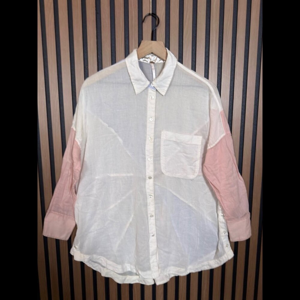 Free People Shirt XS White Sheer Long Sleeve Collared Multicolor 100% Cotton